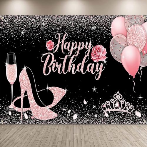 CPSYTE Happy Birthday Hintergrund Stoff Glitzer Rose Rosa Geburtstag Hintergrund Banner Luftballons Hoch Absätze Weinglas Fotografie Geburtstag Party Dekorationen für Frauen Mädchen, 6 x 3,6 Feet von CPSYTE