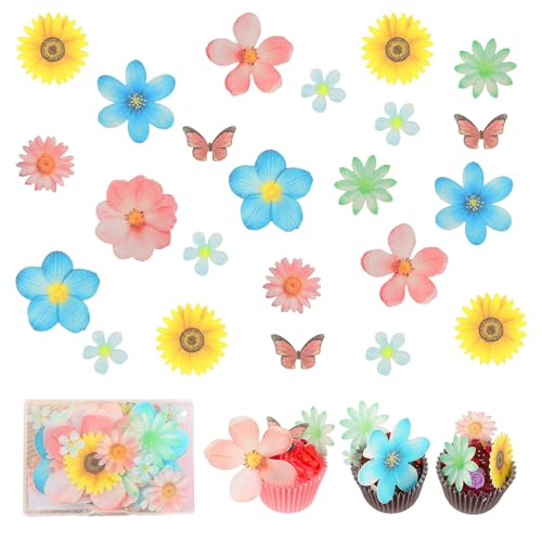 100 Stück Tortendeko Essbar,Essbare Schmetterlinge Tortendeko Blumen Kuchen Dekoration Schmetterling Party Kuchen Dekorationen Blumen Cupcake Topper Blumen für Hochzeit Geburtstag (Sonnenblume) von CPYJW