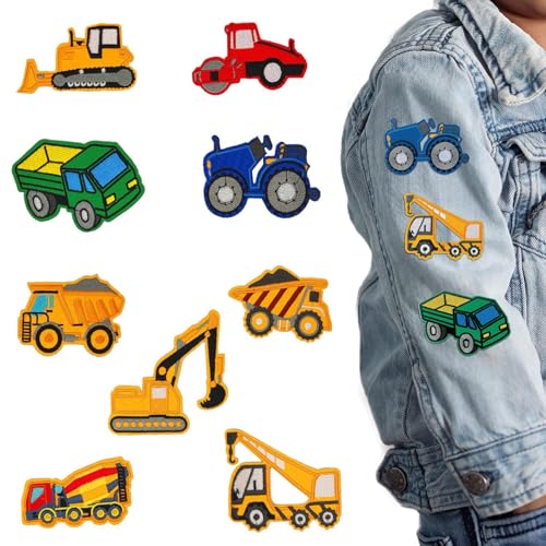 CPYJW 9 Stück Bügelflicken Kinder,Baufahrzeug Patch Kit Aufnäher Kinder Bügelbilder für Textilien Patches Zum Aufbügeln für T-Shirt Jeans Kleidung Taschen Mützen Reparieren Sie Das Loch von CPYJW