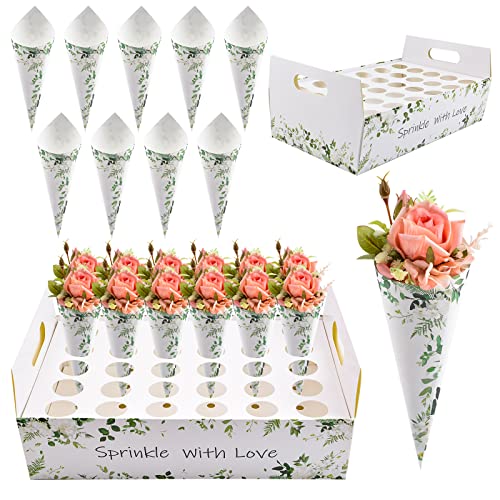 CRAFFANCY Grünes Papierkegel-Set, 30 Stück Blumen-Konfetti-Zapfen mit Bändern und Kegelhalter, Box, Blütenblätter, Blumenhalter für Hochzeit, Partyzubehör von CRAFFANCY