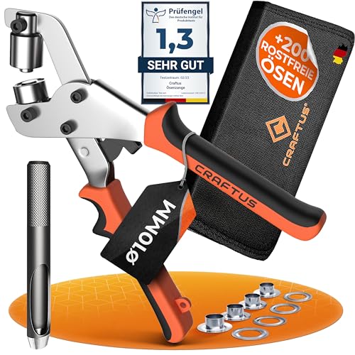 CRAFTUS® Profi Ösenzange Set mit 200 rostfreien Ösen (Ø 10mm) I Magnetische Ösenpresse aus gehärtetem Stahl für Stoffe & Planen I Ösenstanze für Planenösen & Metallösen von CRAFTUS