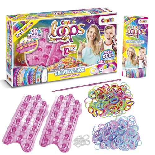 CRAZE LOOPS | Loom Bänder Kreativ Box mit 600 Gummibänder, Verschlüsse, Knüpfboards & Häkelnadel - Kinder Bastelset Halsketten, Ringe und Armbänder selber machen von CRAZE loops