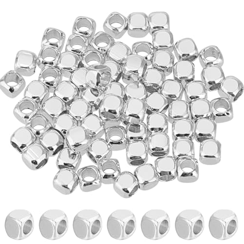 CREATCABIN 100Stück Kleine Würfel-Abstandsperlen,Silberne Perlen,Quadratisch,Winzige,Lose,Glatte Perlen,925 Sterling-Silber Plattierte Messingperlen,Stapelbare Metallperlen,Für Herstellung,DIY-Schmuck von CREATCABIN