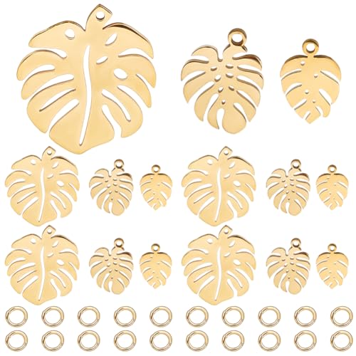 CREATCABIN 12 Stück,3 Stile,Monstera-Blatt-Charms,Anhänger,Tropische Pflanzenblätter,Charms,Hohl,Goldfarben,Rostfrei,Mit Biegeringen Für Schmuckherstellung,DIY,Halsketten,Ohrringe,Weihnachten von CREATCABIN