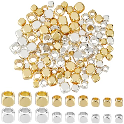 CREATCABIN 120 Stück 18K Vergoldete Messingperlen,Kleine Würfel-Abstandsperlen,6 Stile,Gold-Silber-Perlen,Quadratisch,Winzige,Lose,Glatte Perlen,Stapelbare Metallperlen,Für Herstellung,DIY-Schmuck von CREATCABIN