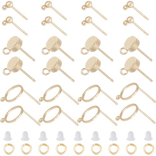 CREATCABIN 30 Stück,3 Stile,18 Karat Vergoldetes Messing,Flache,Runde Ohrringe,Kugel-Ohrstecker,Ohrstecker,Ohrstecker,Ohrhaken Mit Schlaufe,Ohrmuttern,Biegeringe Für DIY-Ohrhänger,Schmuckherstellung von CREATCABIN