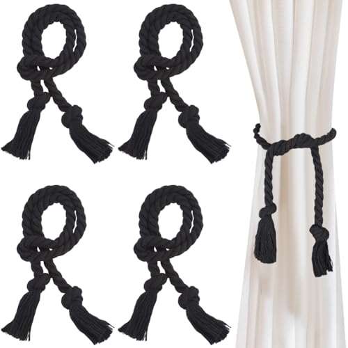 CREATCABIN 4 Packung Raffhalter Für Vorhänge Seil Handgefertigt Ländliche Dekorative Vorhanghalter Baumwollseil Minimalismus Ländliche Heimdekoration Elegante Raffhalter 4.5x4.5cm Schwarz von CREATCABIN