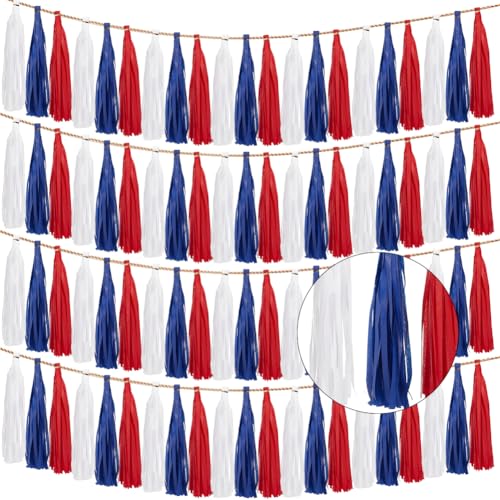 CREATCABIN 4 Set Rot Blau Weiße Folienfransen Quastengirlande Seidenpapierquasten Banner Luftschlangen Wandbehang Vorhang Hintergrund Für Paradewagen Unabhängigkeitstag Party Dekorationen DIY Kit 35cm von CREATCABIN