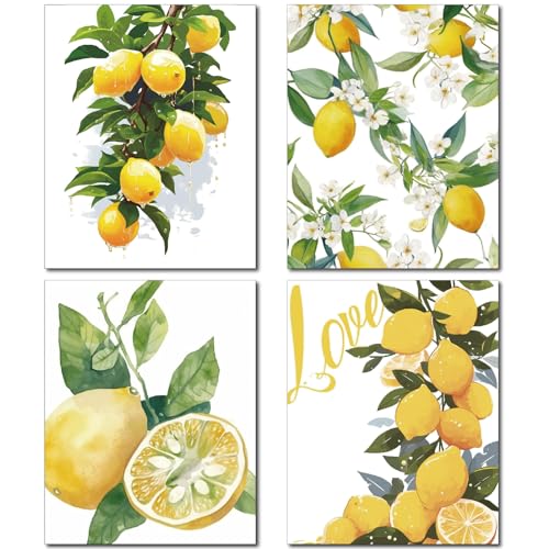 CREATCABIN 4 Stück Zitronen-Wandbild Auf Leinwand,Obstdruck,Wanddekoration,Obst-Leinwandposter,Wanddekorationen,Aquarell-Leinwand,Rechteckig,Chemiefaser-Ölbilder Für Küche,Zuhause,25x20cm,Ungerahmt von CREATCABIN