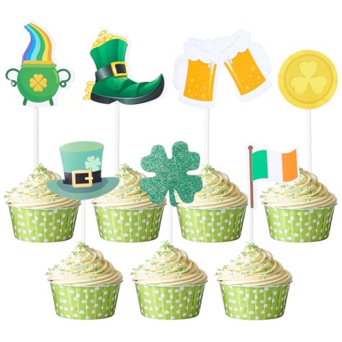 CREATCABIN 7 Stück St. Patrick's Day Geburtstagstortenaufsatz Lucky Vierblättriges Kleeblatt Irische Themen Kuchendekorationen Kuchenaufsatz Grüner Hut Feiern Cupcake Kuchendekorationen Zubehör von CREATCABIN