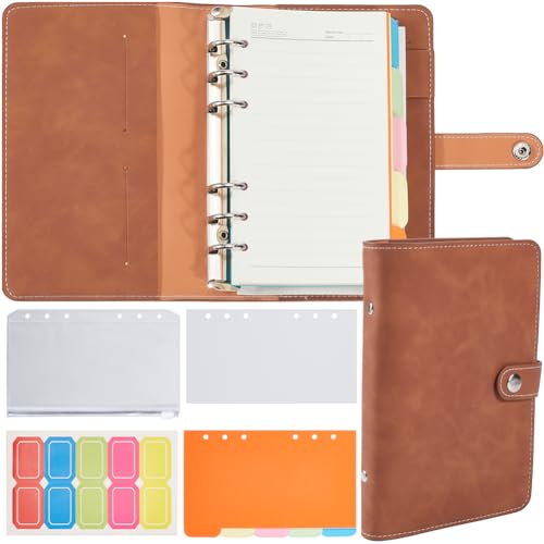 CREATCABIN A6 Leder Binder Nachfüllbares Notizbuch Spirale Tagebuch Notizblöcke 6 Ringe Loseblatt Budget Journal Notizbuch mit Bindertaschen Nachfüllpapier Umschlag für Frauen Home Office Travel von CREATCABIN