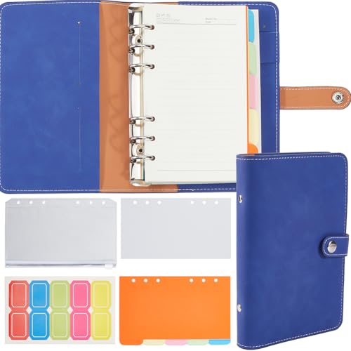 CREATCABIN A6 Lederbinder Nachfüllbares Notizbuch Spiraltagebuch Notizblöcke 6 Ringe Lose Blätter Budget Journal Notizbuch Mit Bindertaschen Nachfüllpapierumschlag Für Männer Homeoffice Dunkelblau von CREATCABIN