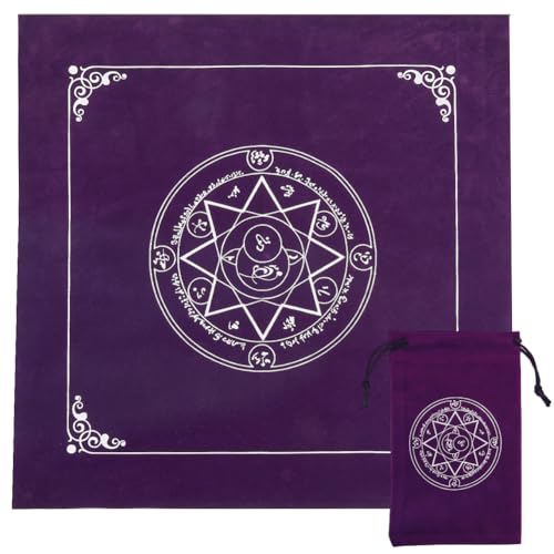 CREATCABIN Altartuch Tarot-Tischtuch Pentagramm Gothic Karten Tasche Quadratische Tischdecke Wahrsagung Samt Mit Tarot-Kordelzugbeutel-Set Tarotkarten-Geschenk Für Hexereibedarf Hexe 49.5-50cm-Lila von CREATCABIN