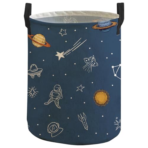 CREATCABIN Astronauten Wäschekorb Segeltuch Seilgriffen Blau Freistehend Zusammenklappbar Tragbarer Aufbewahrungskorb Für Wohnzimmer Schlafzimmer Kleidung Puppen Decken Handtücher Organizer 34x42cm von CREATCABIN