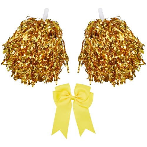 CREATCABIN Cheerleading Pompons Große Cheerleader Haarschleife Metallischen Folienpompons Anfeuern Für Sportveranstaltungen Cheerleading Team Tanzen Rooters Zubehör Erwachsene Team Fußball Gelb von CREATCABIN