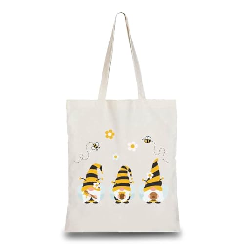 CREATCABIN GNOME Bee Baumwoll-Einkaufstasche Canvas 100% Baumwolle Wiederverwendbare Strandtasche Sommer Umweltfreundlich Ästhetisch DIY Handwerk Multifunktional Für Frauen Geschenke Alltag 34x38cm von CREATCABIN