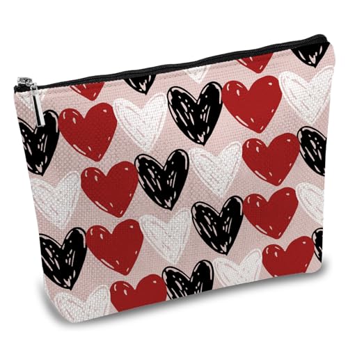 CREATCABIN Herz Make Up Taschen Kosmetiktasche Mehrzweck Federmäppchen Mit Metallreißverschluss Tasche Organizer Kulturbeutel Reisegeldbörse Beutel Für Tochter Frauen Rot Schwarz Weiß 25x18cm von CREATCABIN