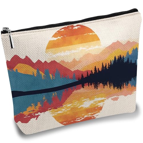 CREATCABIN Kosmetiktasche Aus Segeltuch Tragbare Reisetasche Kulturbeutel Kleiner Organizer Aufbewahrung Bleistiften Reißverschluss Geschenk Für Frauen Freundin Ehefrau 25x18cm Berg & Sonnenuntergang von CREATCABIN