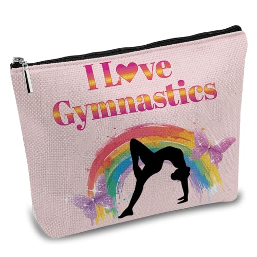 CREATCABIN Make Up Tasche Mit Aufschrift I Love Gymnastics Kosmetiktasche Segeltuch Mehrzweck Federmäppchen Rosa Reißverschlusstaschen Kulturbeutel Reisetasche Geldbörse Für Frauen Freundin 25x18cm von CREATCABIN