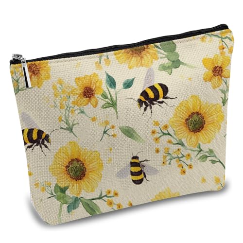 CREATCABIN Make Up Tasche Mit Bienen Blumenmotiv Canvas Kosmetiktasche Mehrzweck Stifteetui Reißverschlusstaschen Kulturbeutel Reisetasche Geldbörse Tragbare Make Up Aufbewahrungstasche 25x18cm von CREATCABIN