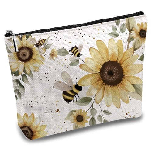 CREATCABIN Make Up Tasche Mit Bienen Sonnenblumen Motiv Polycotton Kosmetiktasche Mehrzweck Federmäppchen Mit reißverschluss Tasche Organizer Kulturbeutel Reisegeldbörse Beutel Make Up Zubehör 25x18cm von CREATCABIN