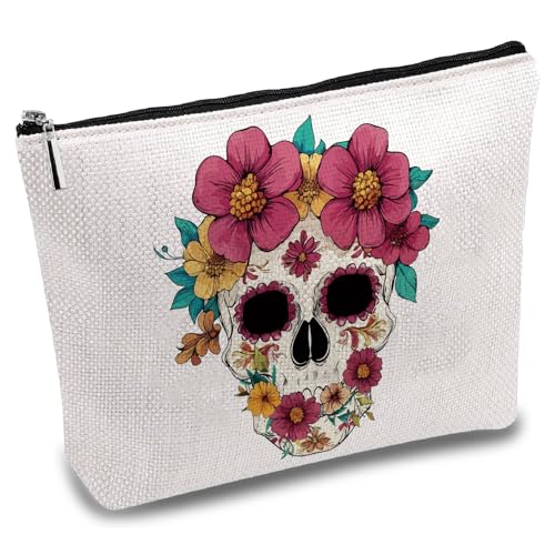 CREATCABIN Make Up Tasche Segeltuch Mit Totenkopf Motiv Kosmetiktasche Blumen Tragbarer Reise Make Up Organizer Segeltuch Aufbewahrungstasche Mit Reißverschluss Geschenke Für Frauen Halloween 25x18cm von CREATCABIN