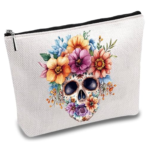 CREATCABIN Make Up Tasche Totenkopf Motiv Canvas Blumen Kosmetiktasche Mehrzweck Stifteetui Reißverschluss Kulturbeutel Reisetasche Geldbörse Beutel Tragbares Survival Kit Geschenke Halloween 25x18cm von CREATCABIN