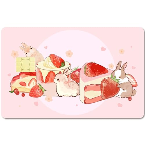 CREATCABIN Pinker Karten-Skin-Aufkleber,Hase,Hase,Debit-Kreditkarten-Skins,Der Erdbeerkuchen Abdeckt,Personalisierende Bankkarten-Schutzaufkleber,Keine Blasen Für EBT-Transportkarte,186x137mm von CREATCABIN