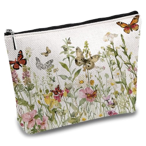 CREATCABIN Schmetterlings Make Up Taschen Für Frauen Reise Kosmetiktasche Blumensträucher Mehrzweck Federmäppchen Kulturbeutel Scherzgeschenke Für Tochter Schwester Beste Freundin Mutter 25x18cm von CREATCABIN