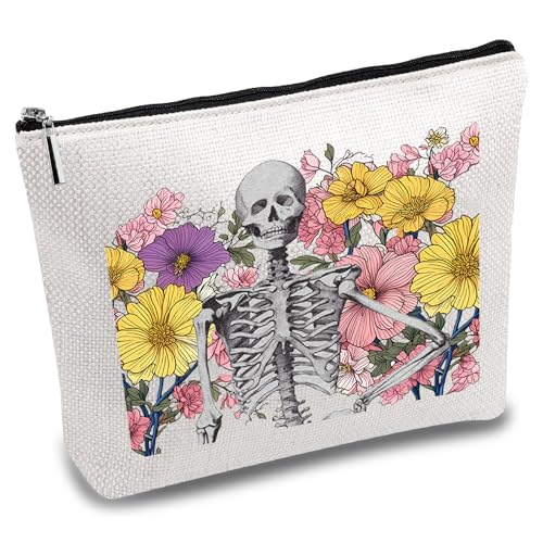 CREATCABIN Skelett Make Up Taschen Blumen Totenkopf Kosmetiktasche Polycotton Mehrzweck Stifteetui Metall Reißverschlusstaschen Kulturbeutel Reisezubehör Tasche Geldbörse Für Halloween Frauen 25x18cm von CREATCABIN