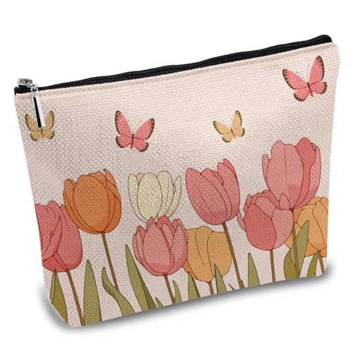 CREATCABIN Tulpen Make Up Taschen Canvas Kosmetiktasche Rosa Mehrzweck Stifteetui Reißverschlusstaschen Kulturbeutel Reise Geldbörse Tragbarer Schmetterlings Blumen Aufbewahrungs Organizer 25x18cm von CREATCABIN