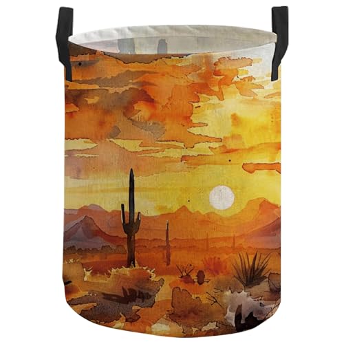 CREATCABIN Wäschekorb Mit Seilgriffen In Wüstenkaktus Design Sonnenuntergang Faltbar Wasserdicht Tragbarer Canvas Korb Für Wohnzimmer Schlafzimmer Kleidung Puppen Decken Handtücher Organizer 34x42cm von CREATCABIN