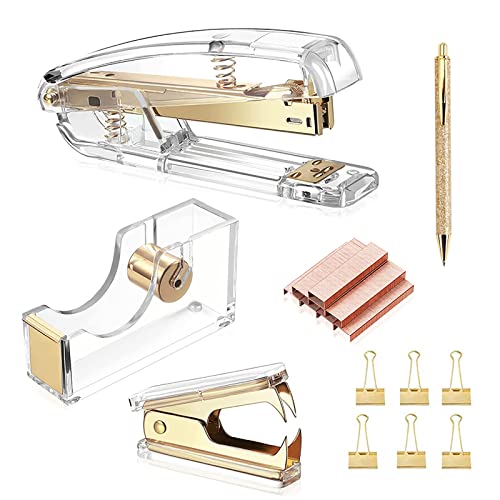 Gold Schreibtischzubehör Heftgerät-Set, Acryl-Heftgerät-Set als Geschenk, mit Hefter, Klebebandspender, Heftklammerentferner, 6 Clips, 1 Kugelschreiber und 1000 Heftklammern (6er-Set) von CREECHWA