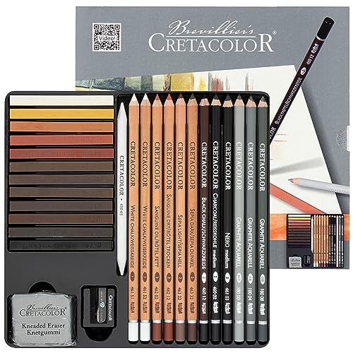 CRETACOLOR Skizzierset 27-teilig, inkl. Radiergummi und Spitzer, ideale Grundausstattung, weicher und satter Abstrich, im robusten Metalletui, für Einsteiger und Profis von CRETACOLOR