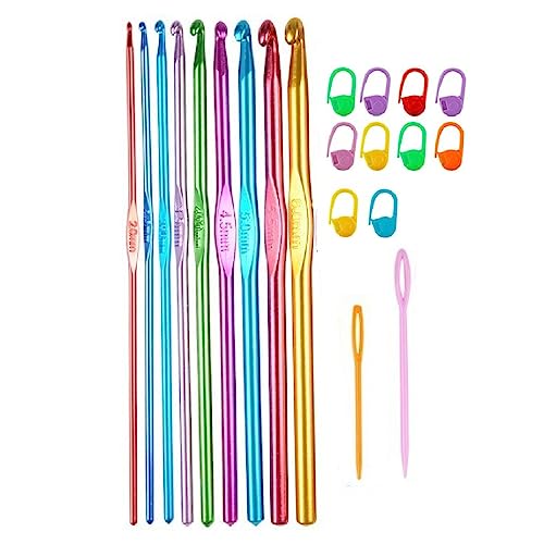 Häkelnadel Set Crochet Hooks Stricknadeln aus bunt Aluminium，9 Stück Häkelnadel aus Aluminium, 2 Stück Nahtnadel aus Kunststoff, 8 Stück Schnalle markieren, Stricken Werkzeuge Zubehör von CRLLDPM