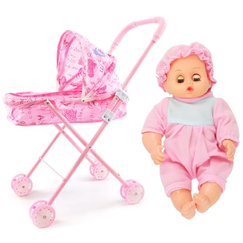 2 Teile/satz Puppenwagen mit Puppe, faltbares tragbares Babypuppenwagen-Set, niedliche bewegliche Babypuppe mit großen Augen und tragbarer Kleidung, Puppenwagen mit verstellbarem Verdeck for Kleinkind von CRMKYLWPZ