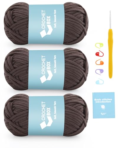 CROCHET BOX Garn zum Häkeln und Stricken – 3 Stück Baumwoll-Nylon-Mischgarn, braun, 50 g, 45 Meter, leicht zu sehende Stiche, splittert nicht, für Anfänger geeignet von CROCHET BOX