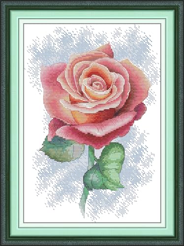 CROSSDECOR Gestempeltes Kreuzstich-Set, Blumenmuster, Kreuzstich-Nadelspitzen-Set für Anfänger, Stickset, Kunst und Handwerk für Zuhause, Wanddekoration, Geschenke, rosa Rose, 23 x 33 cm von CROSSDECOR