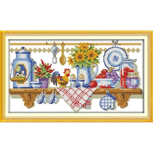 CROSSDECOR Gestempeltes Kreuzstich-Set für Erwachsene, HD-gedrucktes Kreuzstich-Zubehör, 14 CT, 2 Stränge, Nadelspitzen-Sets für Anfänger, DIY-Stickset, Festal-Bastelarbeiten, Küchenecke, 40 x 22 cm von CROSSDECOR