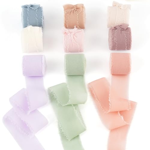Chiffonband, gemischte Farben, handgefertigt, Fransenstoff für Hochzeitseinladungen, Brautsträuße, Basteln, Heimdekoration, Schleifenherstellung, 2,5 cm x 22,5 m, 9 Rollen Chiffonband, gemischte Farben, handgefertigt, Fransenstoff für Hochzeitseinladungen, Brautsträuße, Basteln, Heimdekoration, Schleifenherstellung, 2,5 cm x 22,5 m, 9 Rollen von CRTWDMAN