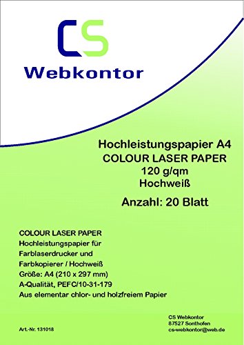 20 Blatt Qualitätspapier/Hochleistungspapier A4 120g/qm hochweiß COLOUR LASER von CS Webkontor