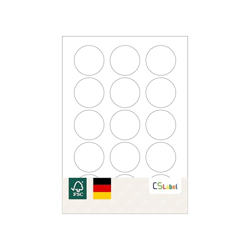 MADE IN GERMANY 150 Etiketten selbstklebend 50 mm rund weiß permanent klebend auf Bogen A4 (10 Bögen x 15 Etik.) CS Label – Universaletiketten zum Beschriften und Bedrucken. von CS Webkontor