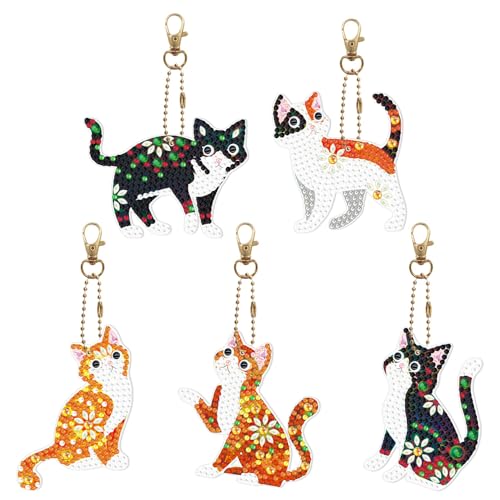 CSMEN Diamond Painting Keyrings Kits, 5D DIY Katzenform Vollständiges Diamond Painting Anhänger Kunstkit, Doppelseitige Kinderstickerei, Strassstein Schlüsselanhänger Kunsthandwerk 5er Pack von CSMEN