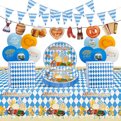 Oktoberfest Deko Set, 20 Gäste Bayrische Dekoration Partyzubehör 20 Große Papptellern + 20 Servietten + 10 Luftballons + 2.2m Wimpelkette + 3m Oktoberfest Banner + 1 Tischdecken von CSYY