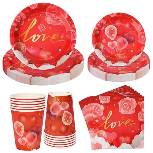 CSYY Partygeschirr Valentinstag, 50 Stück für 10 Gäste Frau Party Set Partyzubehör Festtag mit Bunt Pappteller Dessertteller Pappbecher Papierstrohhalme Papierserviette von CSYY