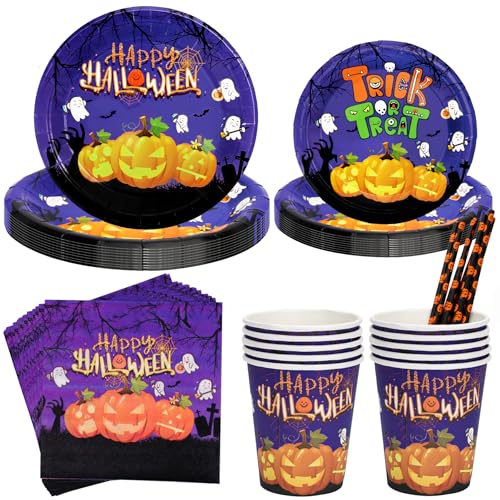 Halloween Geschirr, 50 Stück für 10 Gäste Halloween Geschirr Pappteller Partyservietten Partybecher für Halloween Partyzubehör Grusel Party Garten Dekorationen von CSYY