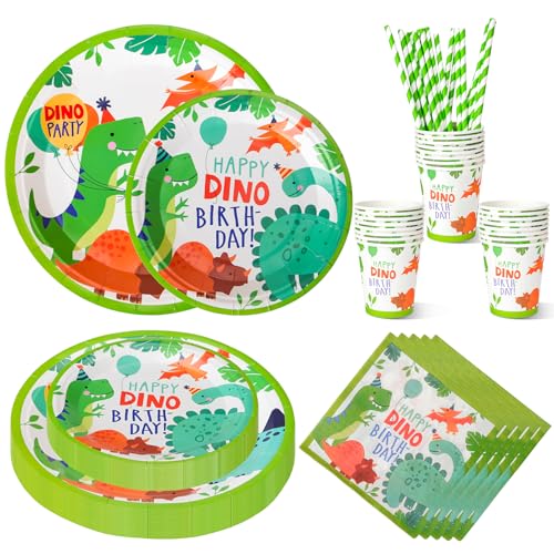 CSYY Partygeschirr Kindergeburtstag, 120 PCS Teiliges Dinosaurier Geburtstags Geschirr Set für 24 Gäste Bunt Pappteller Pappbecher Servietten Strohhalme von CSYY