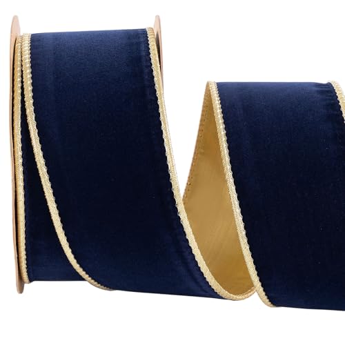 CSZD RIBBON Samtband mit Draht, 6,3 cm breit x 10 m, Marineblau und Gold, doppelseitiges Samtband für Weihnachtsbaum, Kränze, Geschenkverpackungen, Schleifen, Gralands, Heimdekoration, Handwerk von CSZD RIBBON