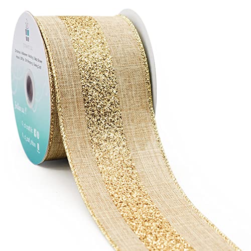 CT CRAFT LLC Braunes Juteband mit goldfarbenen Streifen, Geschenkband, Drahtband für Heimdekoration, Geschenkverpackungen, Bastelarbeiten, 6,3 cm x 9,1 m x 1 Rolle von CT CRAFT LLC