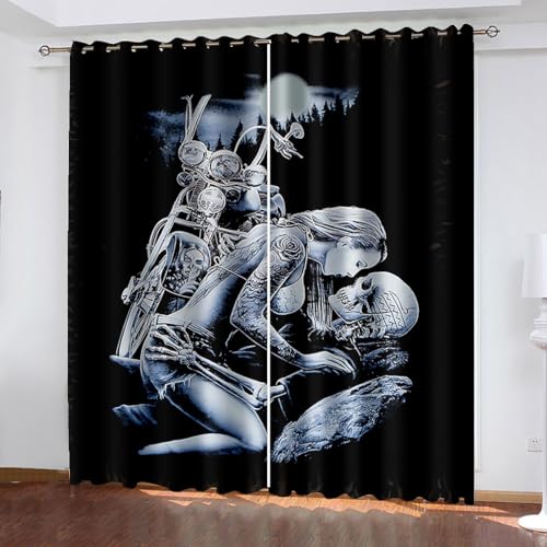 CTQTZ Gothic Totenkopf Stil Blickdichte Vorhänge Motocross Schädel Motorrad Verdunklungsvorhänge 2er Set H 245 x B 140 cm Blickdichte Gardinen Kurze Gardinen Kinderzimmer Schlafzimmer Ösenvorhang von CTQTZ